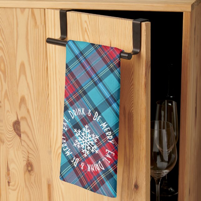 Deep Indigo, Aqua, Red & Shades of Blue Plaid Tea Towel (Thirds Fold)