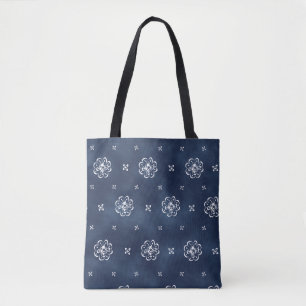 Deep indigo ethnic floral tie dye tote bag