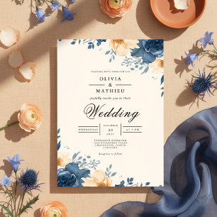 Deep Indigo Floral Accent Wedding Invitation
