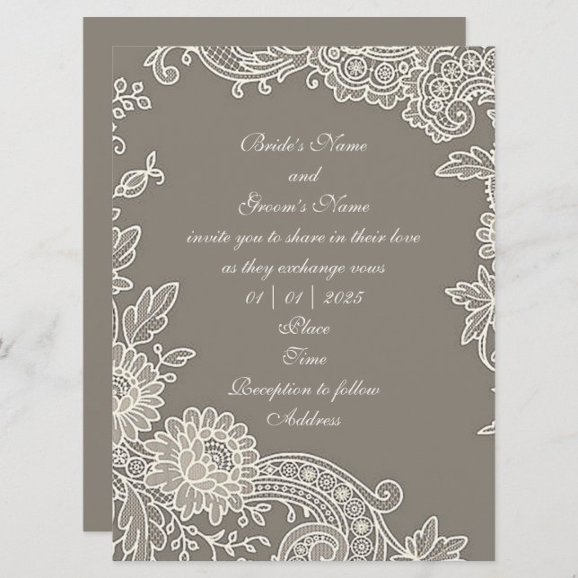 Deep Khaki Grey with Floral Scroll Wedding  Invitation (Front/Back)