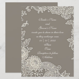 Deep Khaki Grey with Floral Scroll Wedding  Invitation