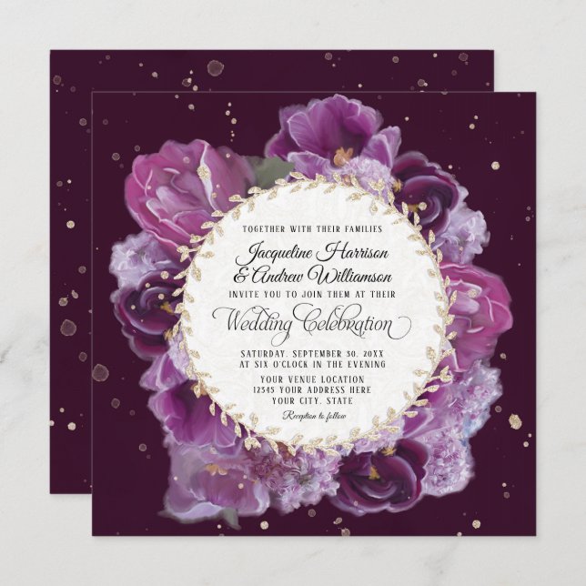 Deep Lavender Purple Floral Pastels w Leaf Wreath Invitation (Front/Back)