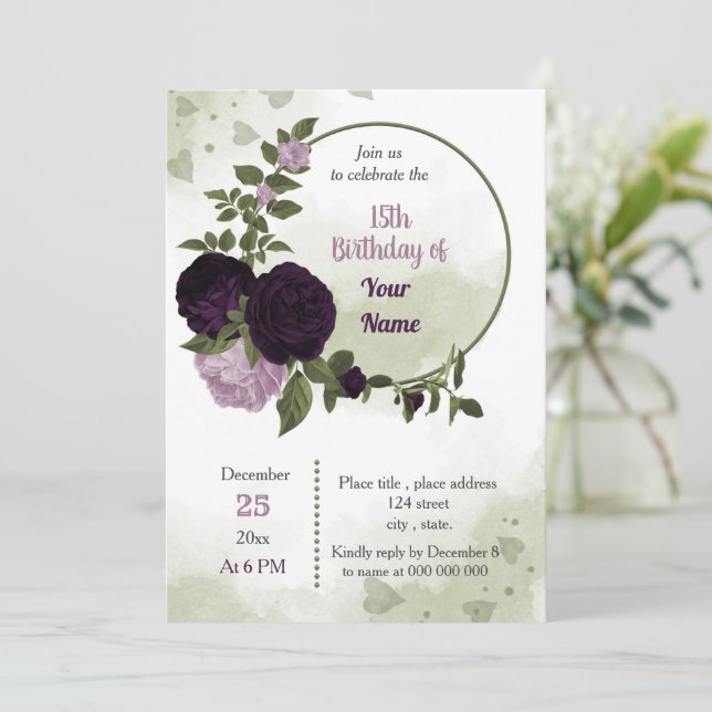 deep light purple flowers green wreath birthday  invitation (Standing Front)