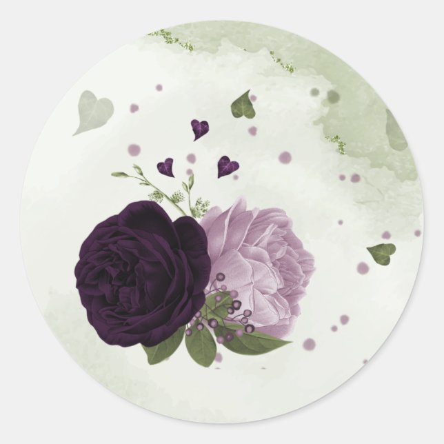 Deep & light purple flowers greenery classic round sticker (Front)