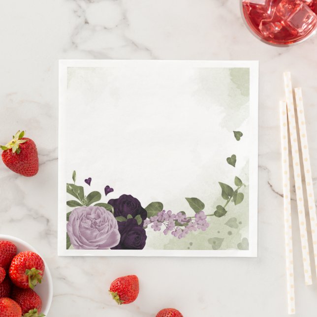 Deep & light purple flowers greenery napkin (Insitu)