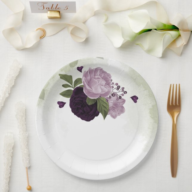 Deep & light purple flowers greenery paper plate (Wedding)