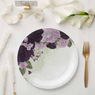 Deep & light purple flowers greenery paper plate