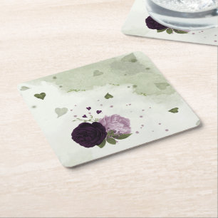 Deep & light purple flowers greenery square paper coaster