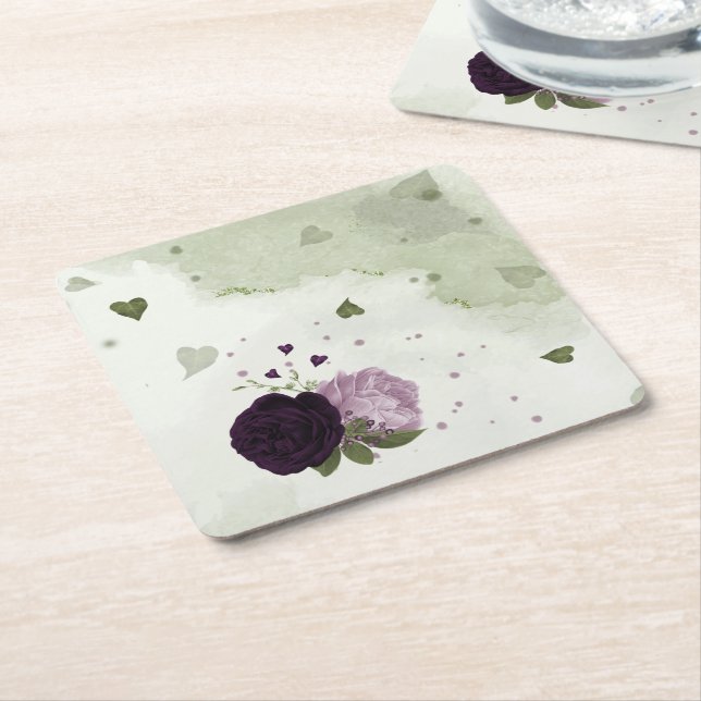 Deep & light purple flowers greenery square paper coaster (Angled)