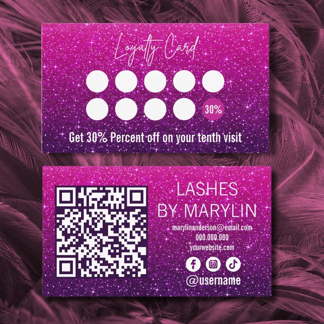 Deep Magenta and Violet Ombre Glitter Lash Tech Loyalty Card (Creator Uploaded)