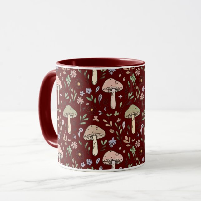 Deep Maroon Fungi Seamless Gothic Dark Academia  Mug (Front Left)