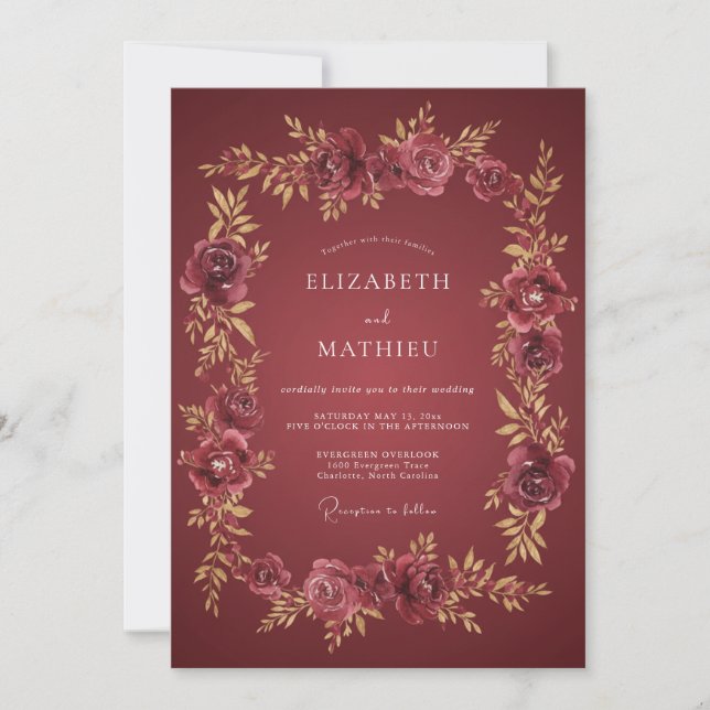 Deep Maroon Gilded Floral Wedding Invitation (Front)