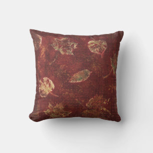 Deep Maroon Gold Fall Leaves Stencil Earthy Tartan Cushion