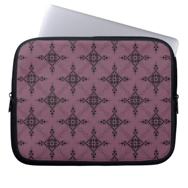 Deep Mauve and Black Damask Pattern Laptop Sleeve (Front)