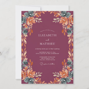Deep Mauve Copper Leafy Wedding Invitation