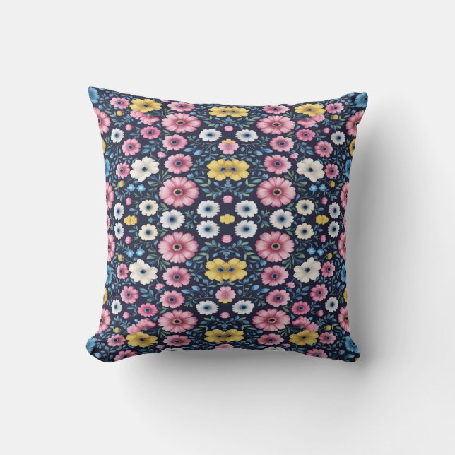 Deep Midnight Floral Garden Pattern Sherpa Blanket Cushion (Front)