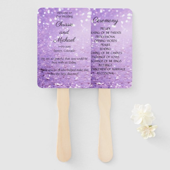 Deep Modern Purple Glitter Wedding Program Hand Fan (Front and Back)