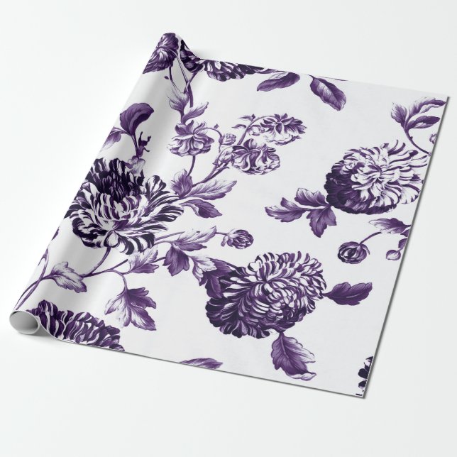 Deep Mulberry Purple Botanical Floral Toile Wrapping Paper (Unrolled)