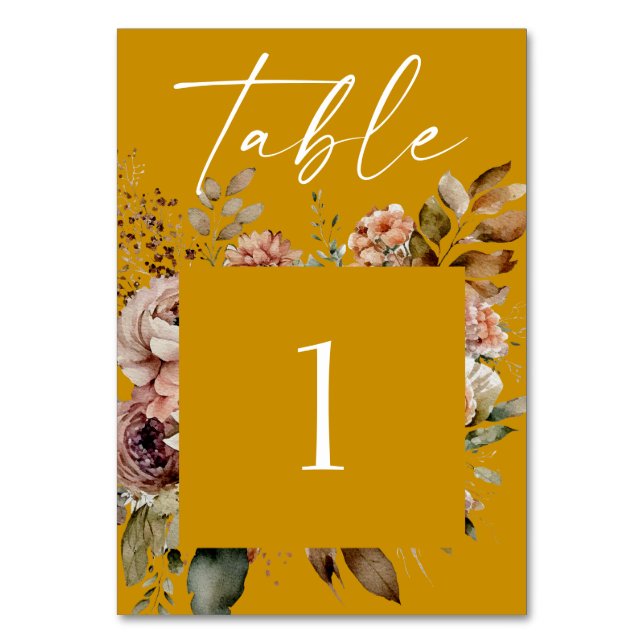 Deep Mustard Yellow Fall Wedding | Autumn Boho Table Number (Front)