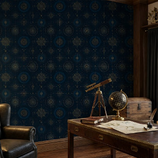Deep Navy and Bronze Nautical Compass Rose Wallpaper