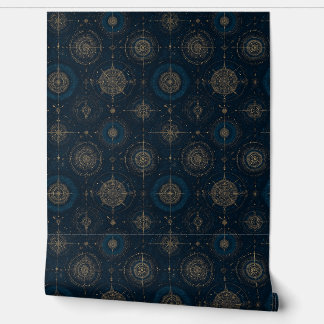 Deep Navy and Bronze Nautical Compass Rose Wallpaper