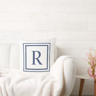 Deep Navy And White Square Border Monogram  Cushion