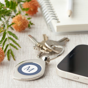 Deep Navy And White Square Border Monogram Key Ring