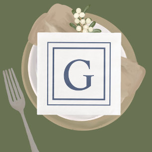 Deep Navy And White Square Border Monogram Napkin