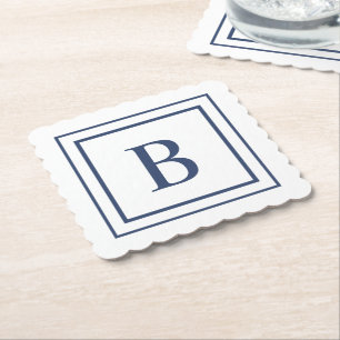 Deep Navy And White Square Border Monogram  Paper Coaster