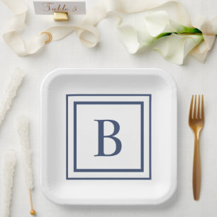 Deep Navy And White Square Border Monogram  Paper Plate