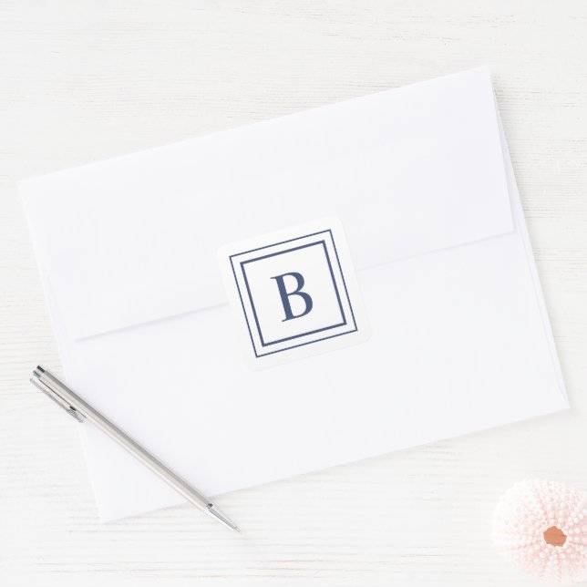 Deep Navy And White Square Border Monogram  Sticker (Envelope)