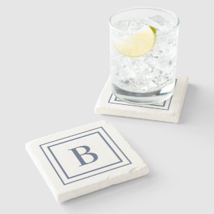 Deep Navy And White Square Border Monogram  Stone Coaster