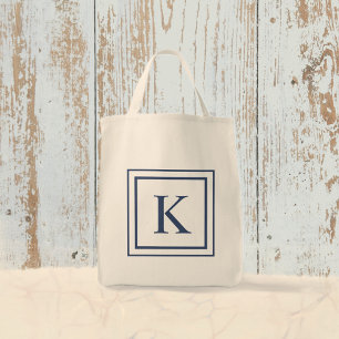 Deep Navy And White Square Border Monogram Tote Bag