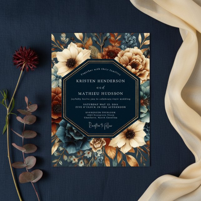 Deep Navy Autumn Bloom Wedding Invitation (Creator Uploaded)