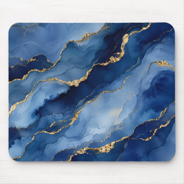 Deep Navy Blue and Gold Alcohol Ink Agate Textur Mouse Mat (Front)