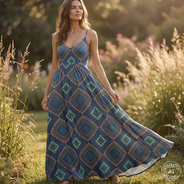 Deep Navy Blue Rust Orange Geometric Tribal Mosaic Fabric (Creator Uploaded)