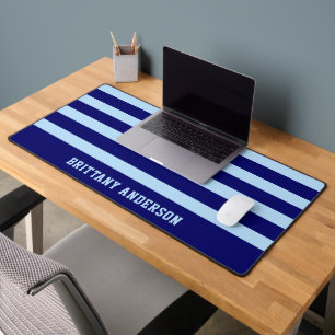 Deep Navy Blue & Sky Blue Stripes Pattern Desk Mat