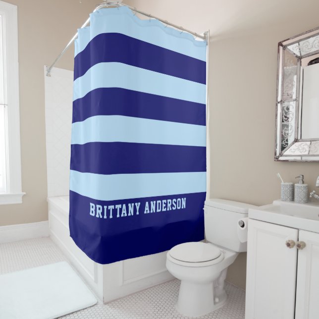 Deep Navy Blue & Sky Blue Stripes Pattern  Shower Curtain (In Situ)