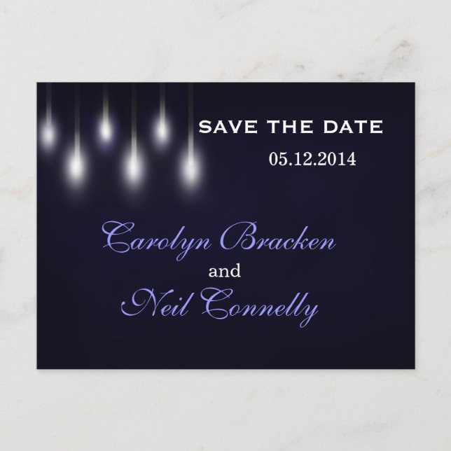 Deep Navy Blue Steet Lights Save the Date card (Front)