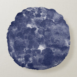 Deep Navy Blue Watercolor Texture Round Cushion