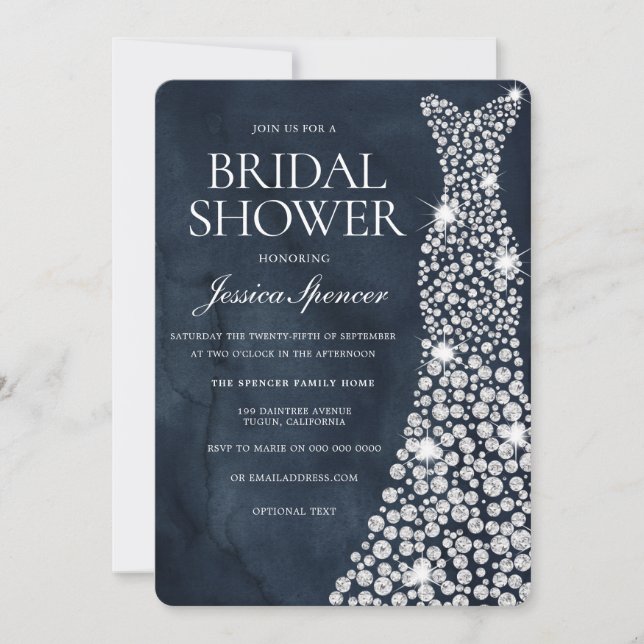 Deep Navy Blue White Wedding Dress Bridal Shower Invitation (Front)
