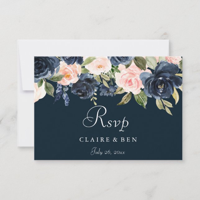Deep Navy Blush Floral Wedding RSVP Card (Front)