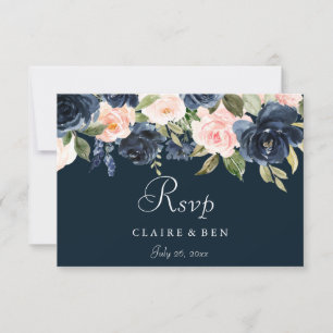 Deep Navy Blush Floral Wedding RSVP Card
