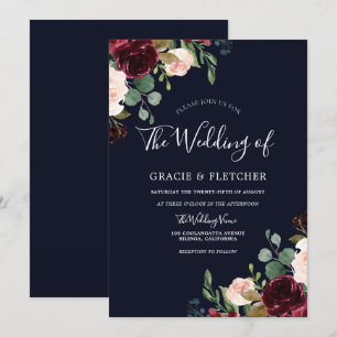 Deep Navy Burgundy Botanical Blush Floral Wedding Invitation
