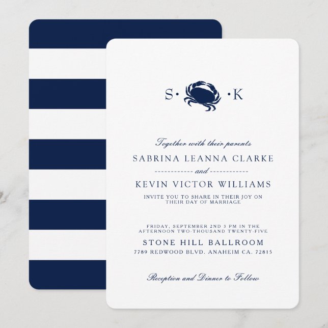 Deep Navy Crab | Blue Stripes Wedding Invitation (Front/Back)