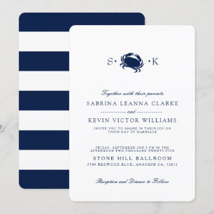 Deep Navy Crab   Blue Stripes Wedding Invitation