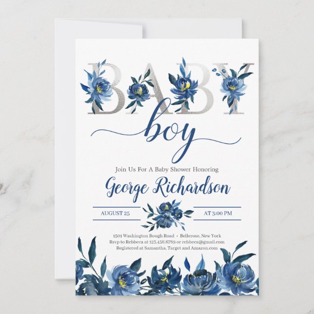 Deep Navy Floral and Silver Letters Baby Boy Boho Invitation (Front)
