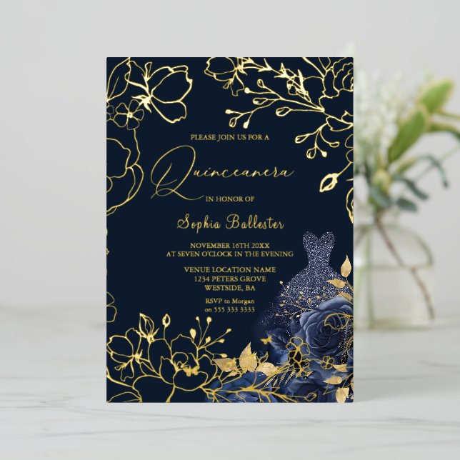Deep Navy Floral & Dress Quinceanera Gold Leaves (Standing Front)