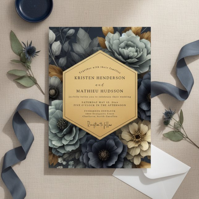 Deep Navy Floral Enchantment Wedding Invitation (Creator Uploaded)