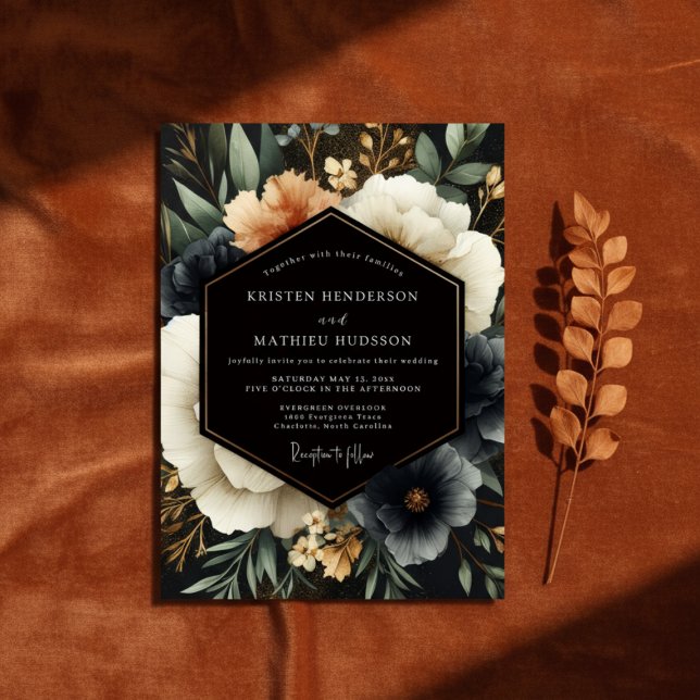 Deep Navy Floral Woodland Wedding Invitation (Creator Uploaded)